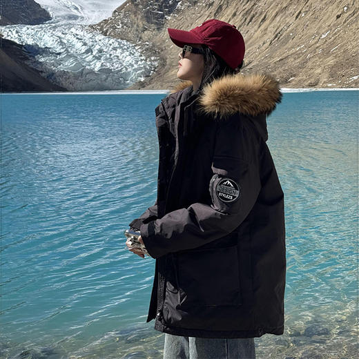 西遇黑色毛领加厚棉服女冬季新款工装连帽派克服加绒外套SS141395 商品图1