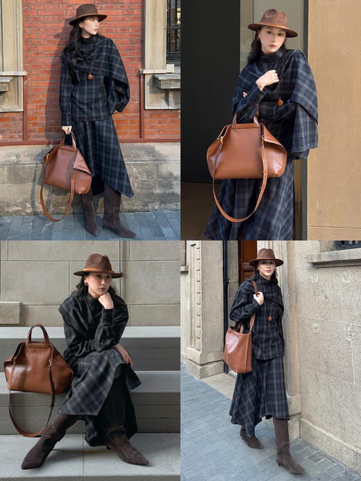 HIDEMI 进口色织格纹厚款羊毛可拆卸围巾设计感多穿式不对称剪裁外套衬衫半裙套装 商品图3