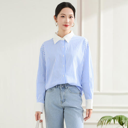 罗蒙春秋蓝色条纹长袖衬衫女士商务休通勤百搭拼色领衬衣女 商品图2