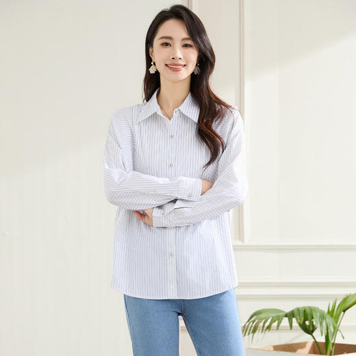 罗蒙春秋条纹长袖衬衫女士休闲百搭商务通勤棉质衬衣外套 商品图5