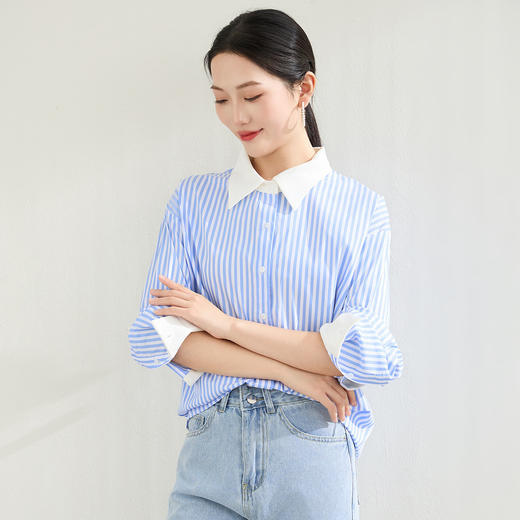 罗蒙春秋蓝色条纹长袖衬衫女士商务休通勤百搭拼色领衬衣女 商品图4