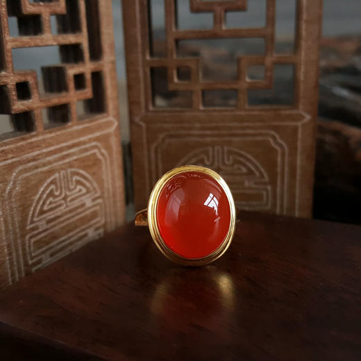 【天然正品】南红玛瑙AU750黄金镶天然冰种柿子红蛋面南红玛瑙戒指13.5号（戒圈可改）女士现售价：2680！011224NJM32 商品图4