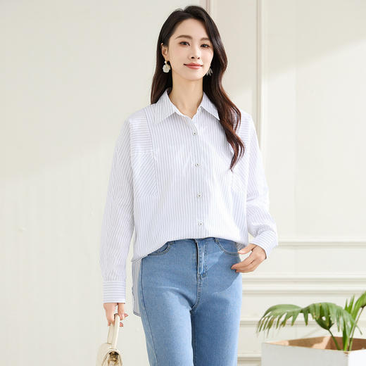 罗蒙春秋条纹长袖衬衫女士休闲百搭商务通勤棉质衬衣外套 商品图6