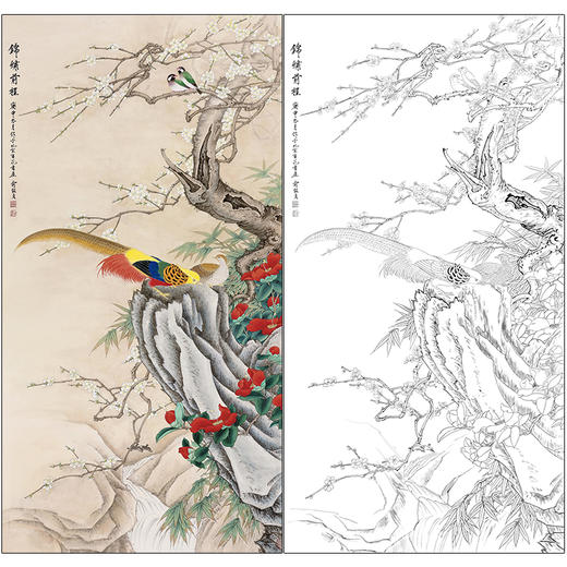 俞致贞花鸟工笔画白描底稿竖幅锦鸡《锦绣前程》临摹勾线高清打印稿ZZ29 商品图0