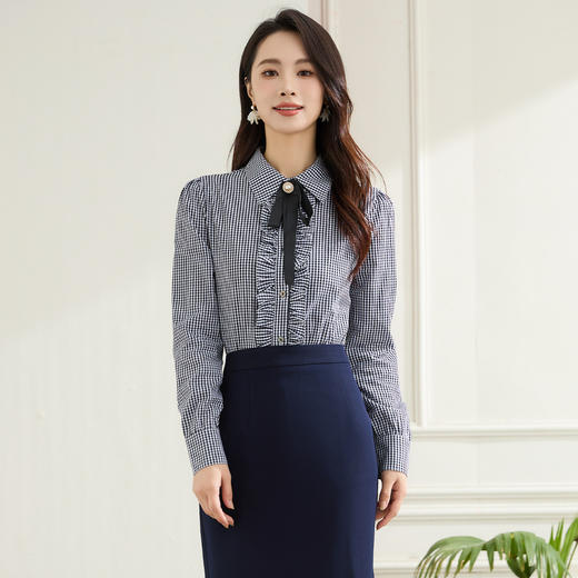 【100棉&精致领带】罗蒙春秋花边门襟长袖衬衫女士休闲职业通勤格子衬衣 商品图5