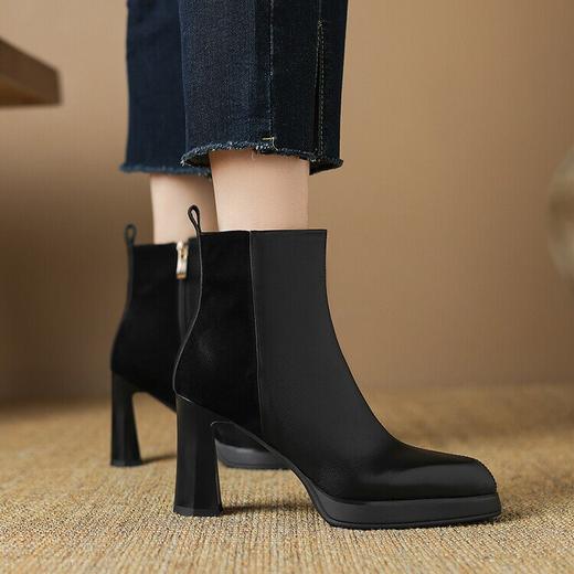 【预售5天】欧美时尚秋冬季新款尖头防水台粗跟高跟短靴女侧拉链拼色LD&6920 商品图4