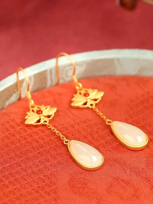 1117售罄下架|【若水·敦煌天然和田玉莲花银镀金耳坠】和田玉水滴耳钩古法金长款红玛瑙点缀耳环仙气十足 商品图2