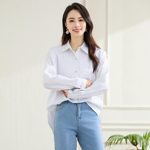 罗蒙春秋条纹长袖衬衫女士休闲百搭商务通勤棉质衬衣外套 商品图7