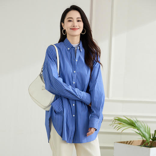 罗蒙春季蓝色条纹长袖衬衫女士宽松休闲百搭落肩版棉质衬衫外套女 商品图6