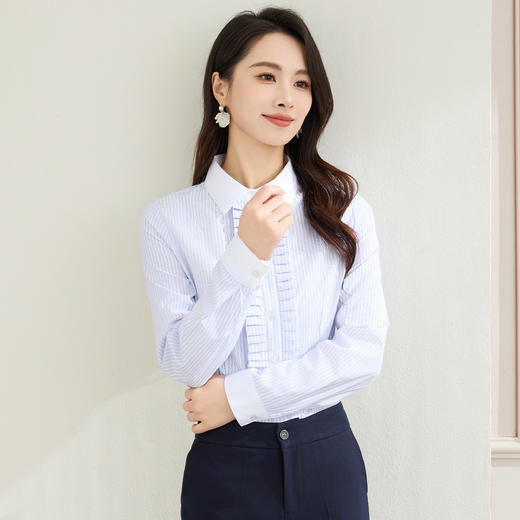 【优雅风琴褶】罗蒙春秋条纹长袖衬衫女士商务通勤职业装拼色领气质衬衣女 商品图6