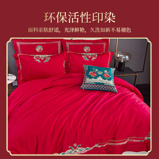 雅芳婷婚庆系列结婚九件套全棉绣花抱枕款红色刺绣床品套件 商品图2