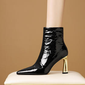 【预售5天】法式尖头高跟短靴女皱漆皮粗跟不累脚显瘦增高侧拉链简约酒红裸靴HY&H3528