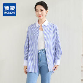 罗蒙春秋装拼色领蓝色条纹衬衫女士休闲通勤百搭纯棉微弹力衬衣外套女