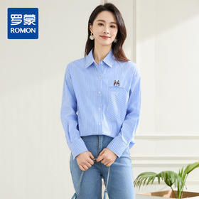 罗蒙春秋蓝色条纹长袖衬衫女士休闲百搭前胸口袋刺绣衬衣外套女