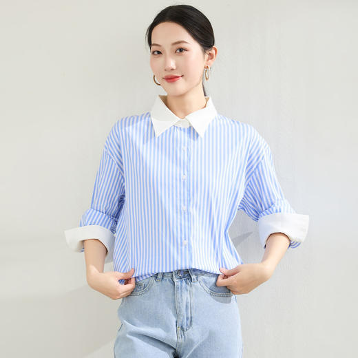 罗蒙春秋蓝色条纹长袖衬衫女士商务休通勤百搭拼色领衬衣女 商品图1