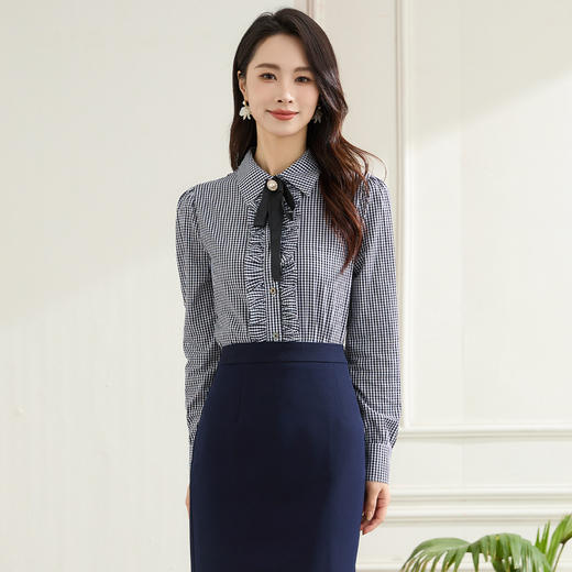 【100棉&精致领带】罗蒙春秋花边门襟长袖衬衫女士休闲职业通勤格子衬衣 商品图4