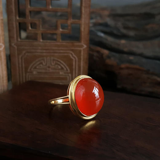 【天然正品】南红玛瑙AU750黄金镶天然冰种柿子红蛋面南红玛瑙戒指13.5号（戒圈可改）女士现售价：2680！011224NJM32 商品图2