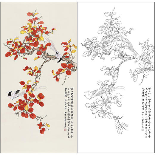 俞致贞花鸟工笔画白描底稿竖幅《红叶白头》临摹勾线高清打印稿ZZ36 商品图0