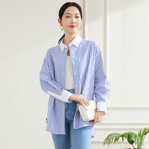 罗蒙春秋装拼色领蓝色条纹衬衫女士休闲通勤百搭纯棉微弹力衬衣外套女 商品图8