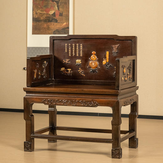 清 红木百宝嵌博古清供图诗文三围屏宝座 商品图4
