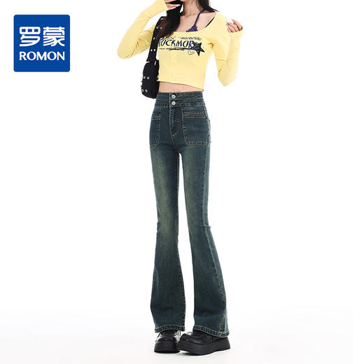 罗蒙四季可穿女士百搭牛仔裤休闲高腰显瘦微喇裤舒适通勤女长裤 商品图0