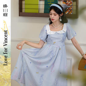 两三事梵高文艺晨风栖谷2024夏新款甜美泡泡袖拼色翻领印花连衣裙