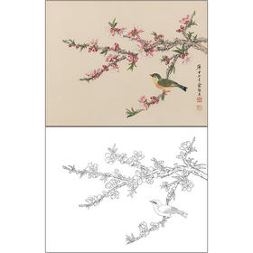俞致贞花鸟工笔画白描底稿《桃花春鸟》临摹勾线高清打印稿ZZ40
