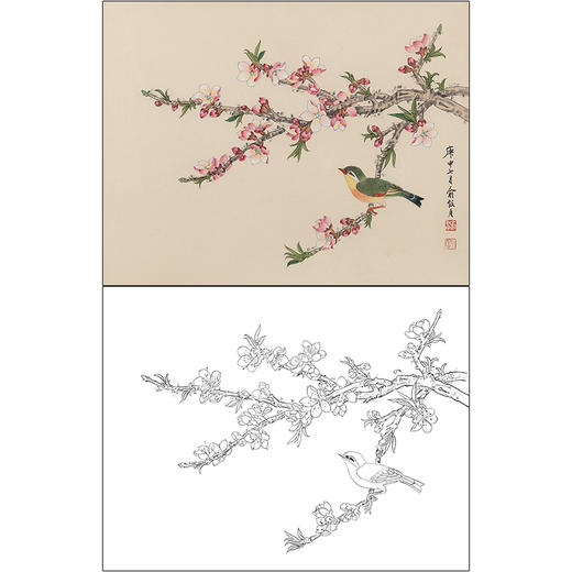 俞致贞花鸟工笔画白描底稿《桃花春鸟》临摹勾线高清打印稿ZZ40 商品图0