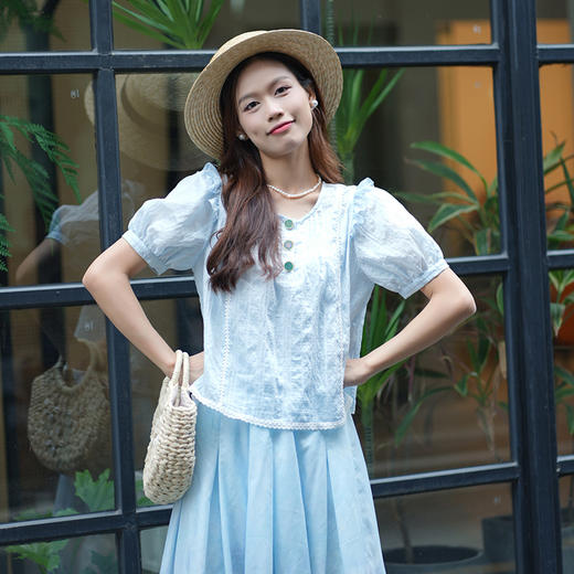 水色倾淌新款织带拼接荷叶边两件套衬衫女 商品图2