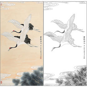 俞致贞花鸟工笔画白描底稿竖幅仙鹤《松鹤长寿》临摹勾线高清打印稿ZZ32