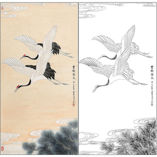 俞致贞花鸟工笔画白描底稿竖幅仙鹤《松鹤长寿》临摹勾线高清打印稿ZZ32 商品图0