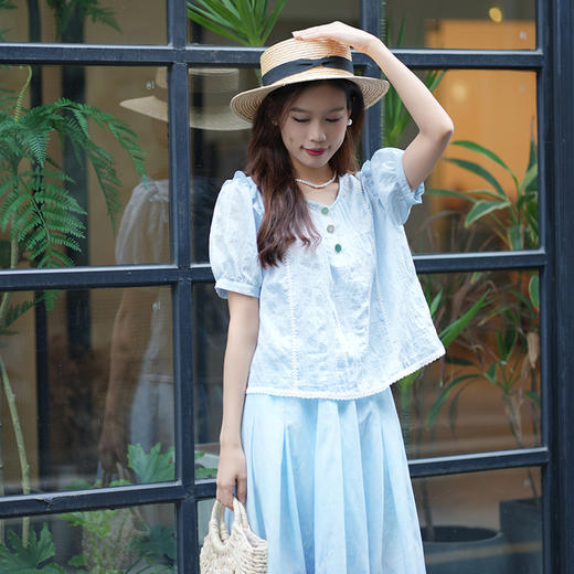 水色倾淌新款织带拼接荷叶边两件套衬衫女 商品图1