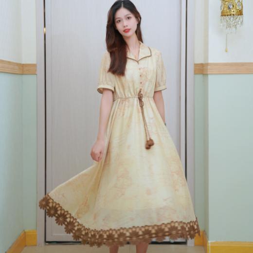 两三事梵高文艺 琉璃年华 2024夏季新款绣花边裙摆印花绑带连衣裙 商品图0