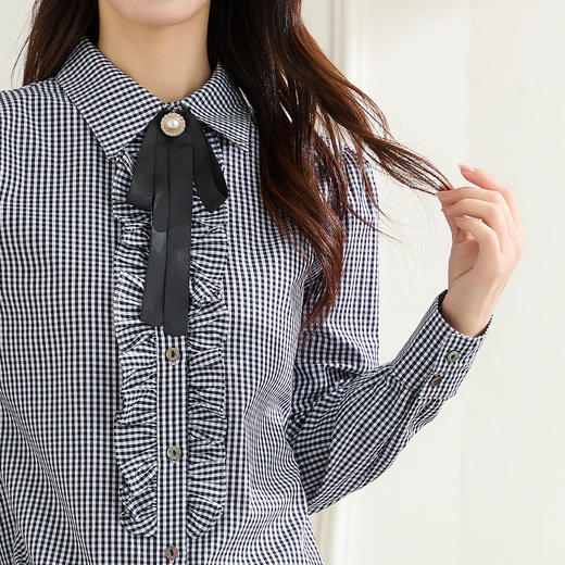 【100棉&精致领带】罗蒙春秋花边门襟长袖衬衫女士休闲职业通勤格子衬衣 商品图2