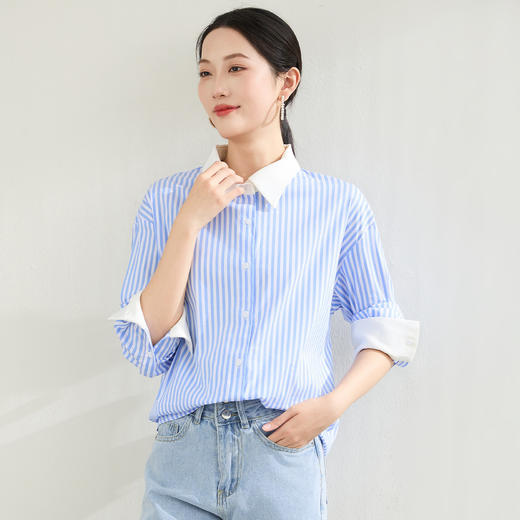 罗蒙春秋蓝色条纹长袖衬衫女士商务休通勤百搭拼色领衬衣女 商品图5
