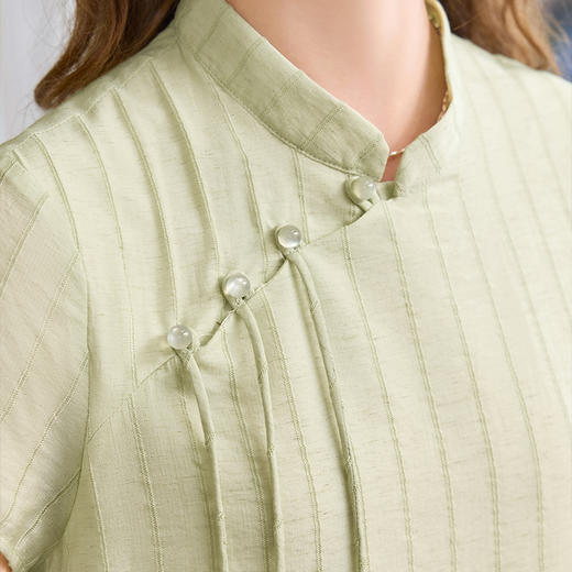 江南新绿新中式盘扣立领条纹连衣裙 商品图1