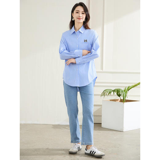 罗蒙春秋蓝色条纹长袖衬衫女士休闲百搭前胸口袋刺绣衬衣外套女 商品图2