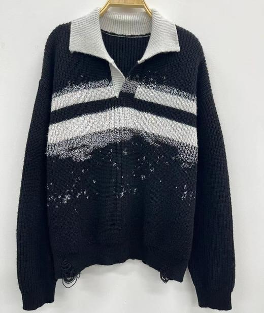 NZ3翻领拼色条纹甩点长袖毛织衫（黑） 冬季 144130030321 商品图6