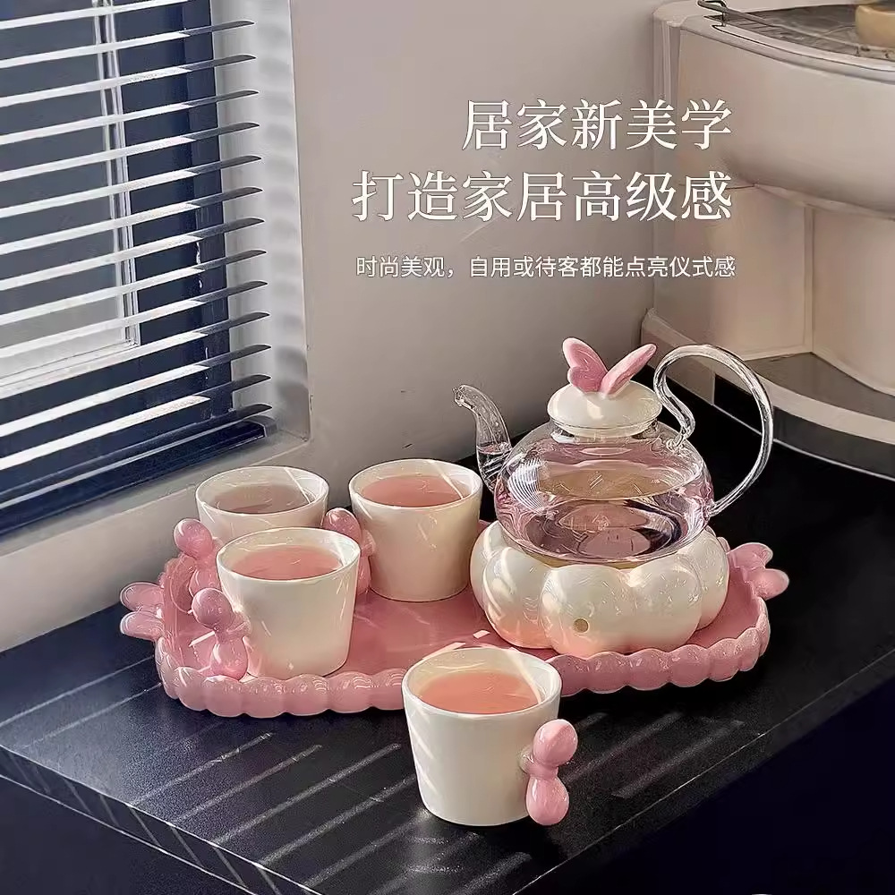【敲高颜值！蝴蝶花茶壶套装】送礼花茶壶套装家用商用餐厅高颜值蜡烛加热花茶壶杯子。ry