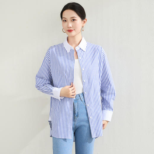 罗蒙春秋装拼色领蓝色条纹衬衫女士休闲通勤百搭纯棉微弹力衬衣外套女 商品图6