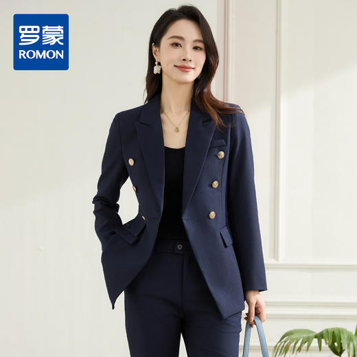 【上衣+裤子】罗蒙春秋双排扣戗驳领西服套装女士商务通勤职业西装两件套 商品图0