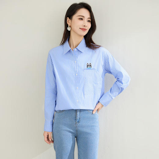 罗蒙春秋蓝色条纹长袖衬衫女士休闲百搭前胸口袋刺绣衬衣外套女 商品图5