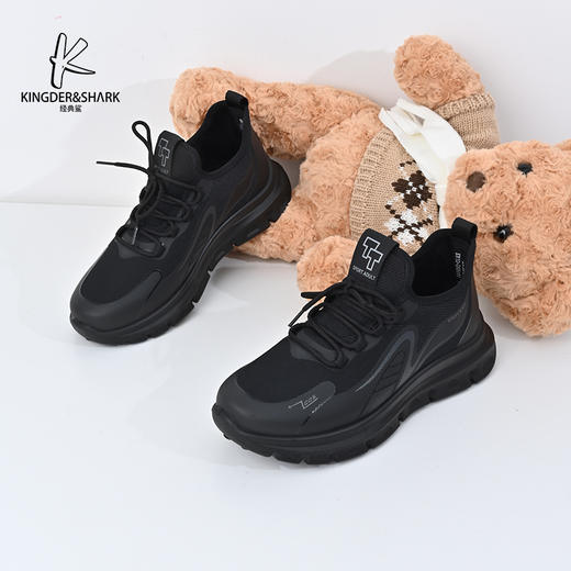 经典鲨2024年冬季新款百搭黑色男士加绒保暖平底跑步休闲鞋KW10-D55111 商品图0