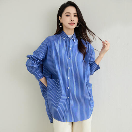 罗蒙春季蓝色条纹长袖衬衫女士宽松休闲百搭落肩版棉质衬衫外套女 商品图1