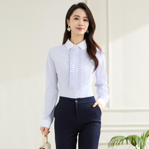 【优雅风琴褶】罗蒙春秋条纹长袖衬衫女士商务通勤职业装拼色领气质衬衣女 商品图8