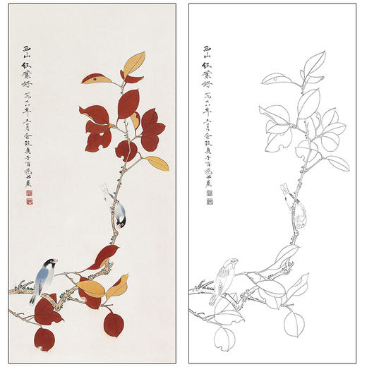 俞致贞花鸟工笔画白描底稿竖幅《西山红叶好》临摹勾线高清打印稿ZZ33 商品图0