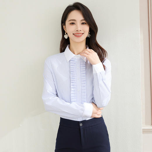 【优雅风琴褶】罗蒙春秋条纹长袖衬衫女士商务通勤职业装拼色领气质衬衣女 商品图7