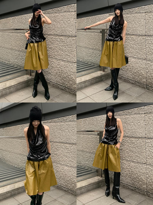 HIDEMI 【当当同款】节日系列进口特殊涂层环保蛋白皮设计感松紧腰抽身褶皱宽松男朋友中裤    勃艮第酒红/橄榄绿 商品图5