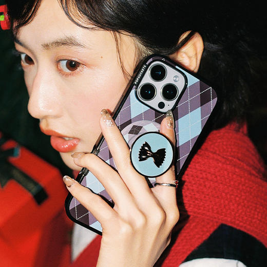 【冬眠计划】格纹蝴蝶结·MagSafe圆啪嗒 MAGSAFE磁吸手机气囊支架 Round圆啪嗒系列 蓝色 蝴蝶结 菱格 商品图1