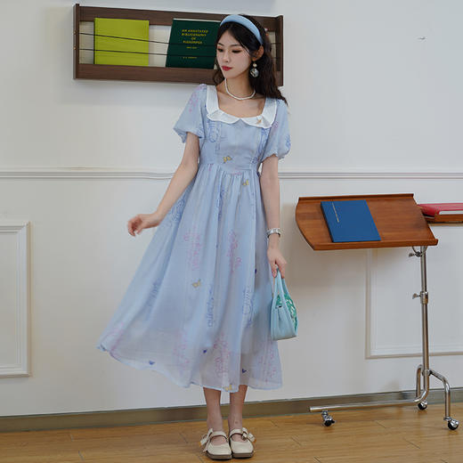 两三事梵高文艺晨风栖谷2024夏新款甜美泡泡袖拼色翻领印花连衣裙 商品图2